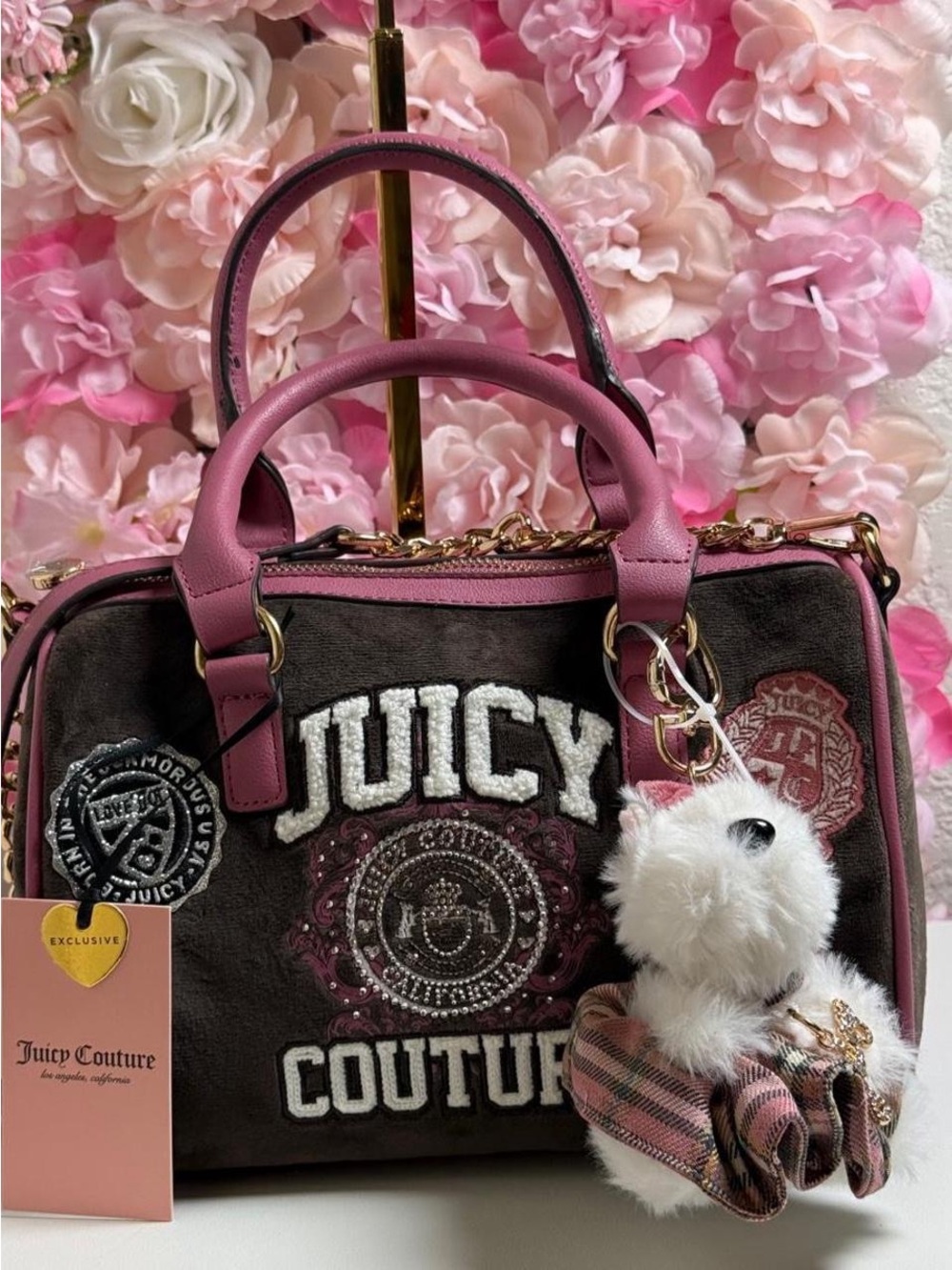 Juicy Couture Varsity Satchel Handbag with Teddy Bear Charm